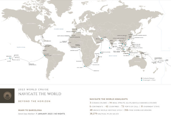 Carte de l'itinéraire de la croisière tour du monde Regent 2023