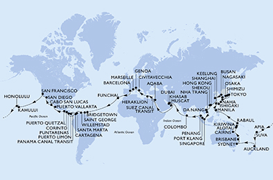 itinéraire du tour du monde MSC 2023