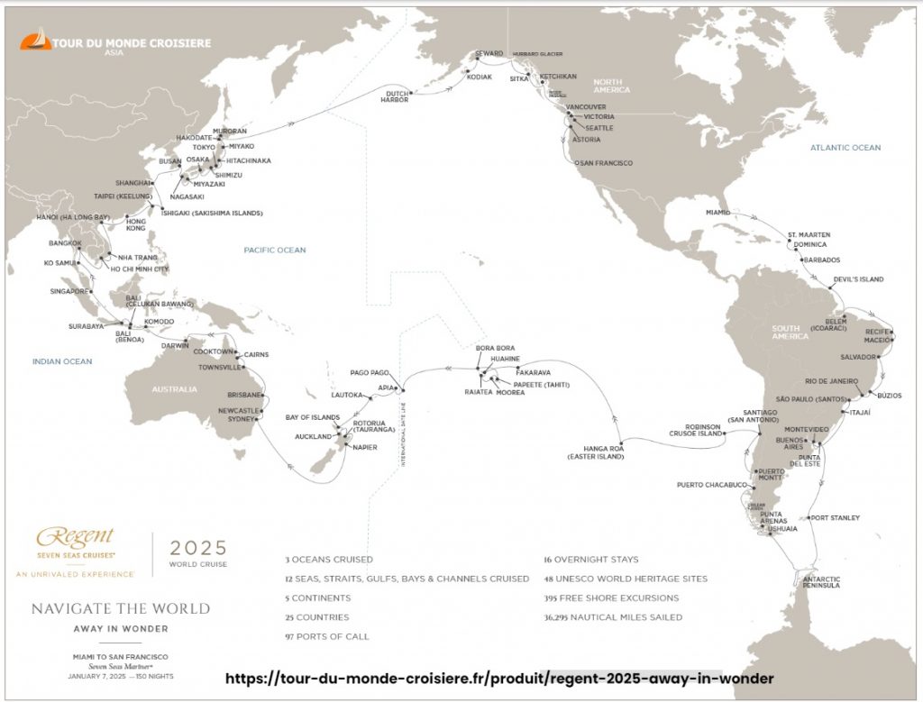 Croisière Tour du monde Regent 2025 (150 nuits) "Away in Wonder"