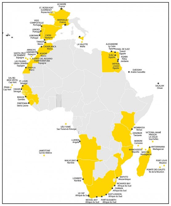 carte de l'itinéraire du grand voyage en Afrique (2024) - L'Afrique en Couleurs à bord du bateau de croisière : Renaissance de la Compagnie Française de Croisières (CFC)