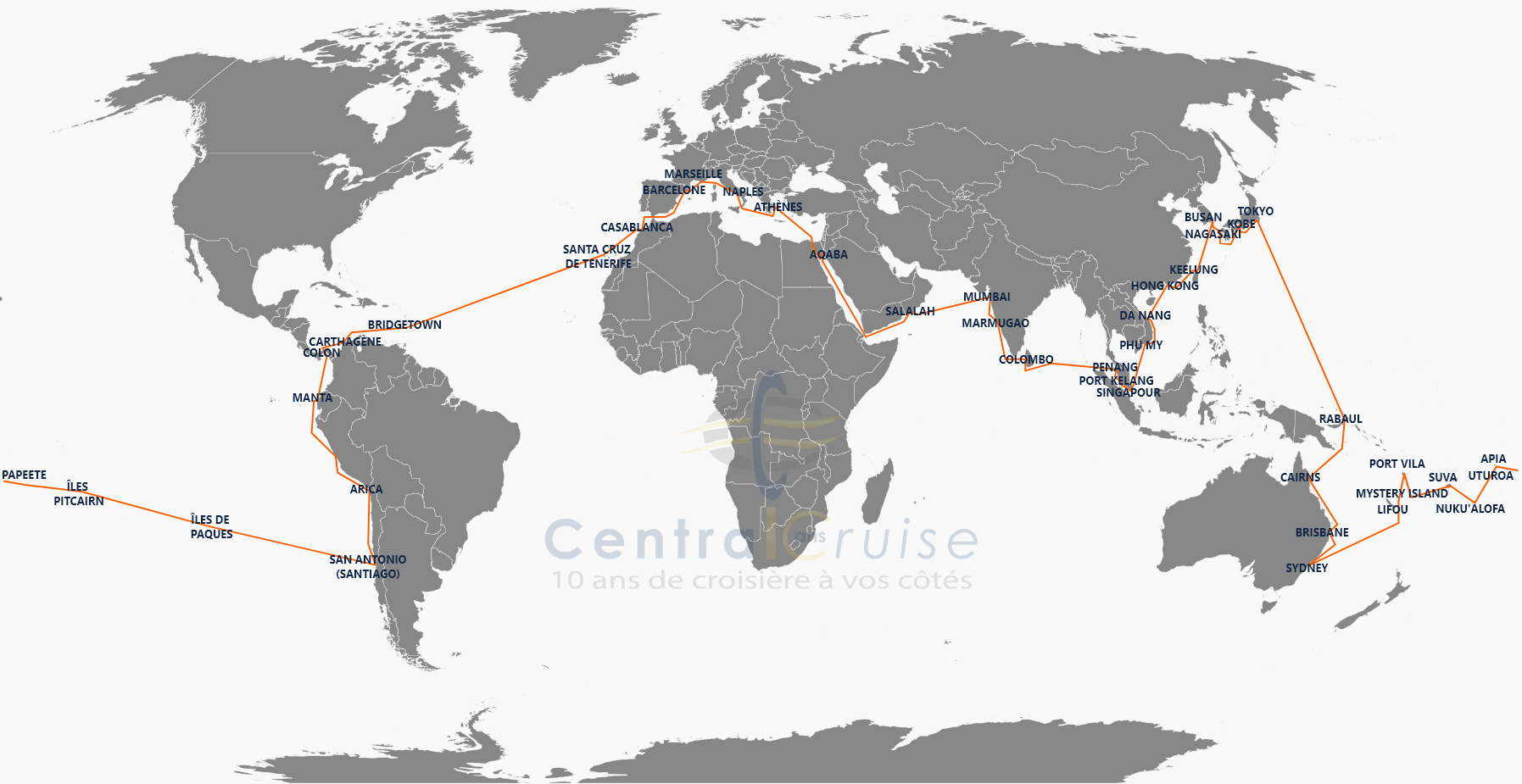 Carte détaillée de l'itinéraire de la croisière tour du monde Costa 2026