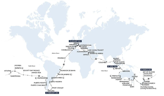 Carte de l'itinéraire du tour du monde MSC Croisières 2026