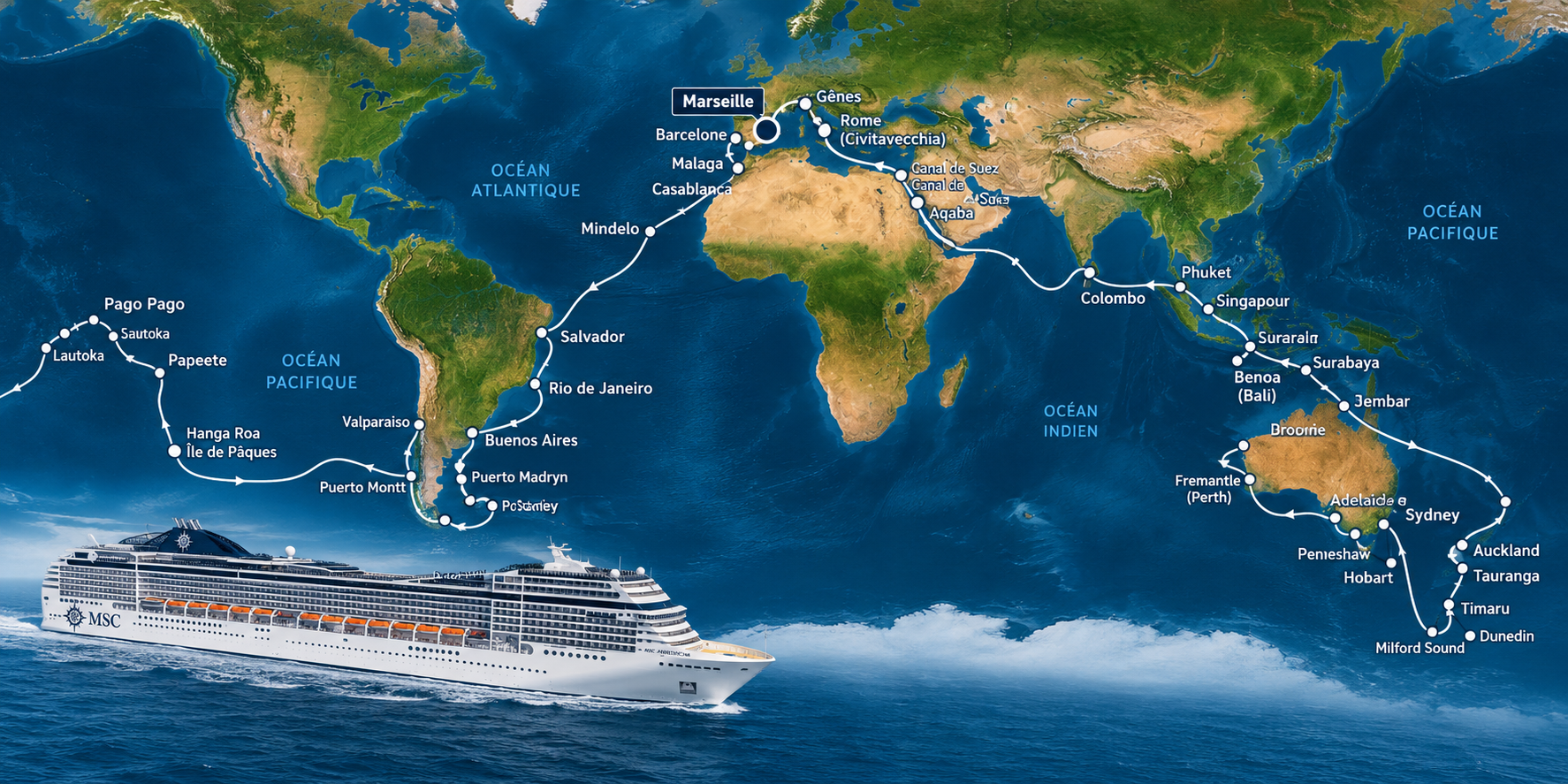 Carte de l’itinéraire du tour du monde MSC 2029 à bord du MSC Magnifica